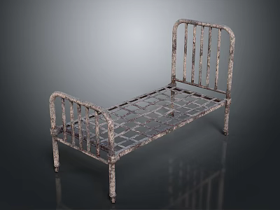 Vintage Metal Iron Bed Frame With Rustic Weathered Finish And Grid Patterned Base 3d model