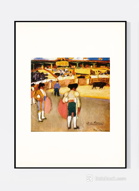 Vintage Figure Painting of Bullfighting Scene with Matadors Audience and Bull 3d model 