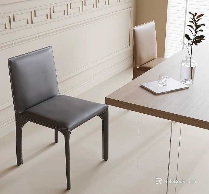 Modern Dark Gray Leather Dining Chairs With Wooden Dining Table And Vase Plant 3d model 