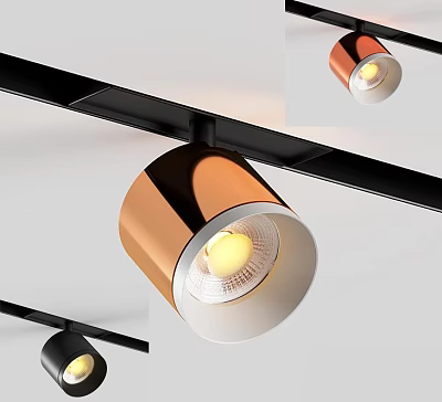 Sleek Copper Black Track Mounted Downlights And Spotlights With Bright Lighting 3d model