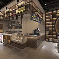 Modern Restaurant Interior Design With Open Counter Glass Display Cases And Menu Screens