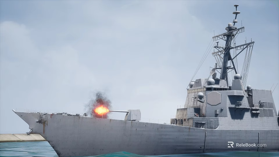 Military Warship Cannon Firing With Flames And Smoke At Sea Surface 3d model 
