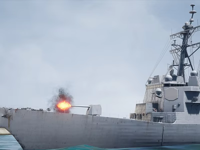 Military Warship Cannon Firing With Flames And Smoke At Sea Surface 3d model