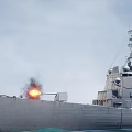 Military Warship Cannon Firing With Flames And Smoke At Sea Surface