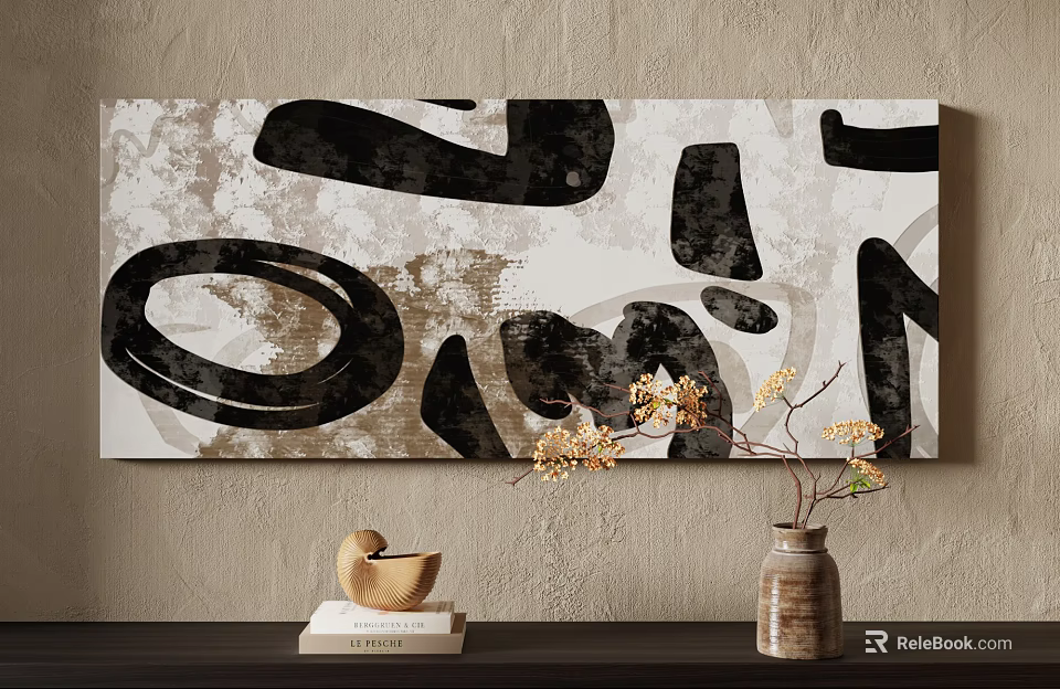 Modern Abstract Painting With Black White Circular Forms And Irregular Blocks On Beige Wall 3d model 