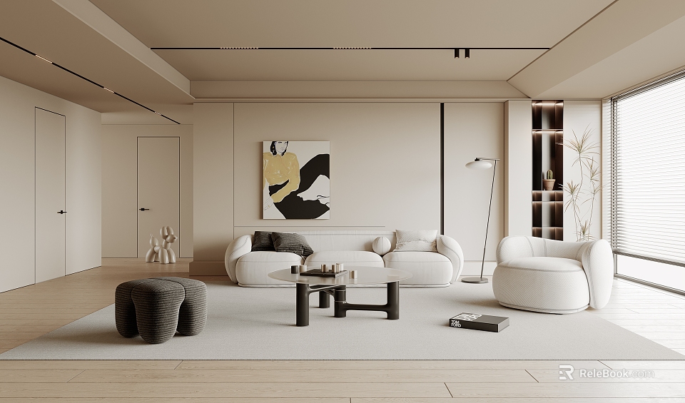 Modern Living Room Interior Design With Beige Curved Sofa Coffee Table Floor Lamp And Artwork 3d model 