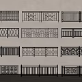 Black Metal Railings Featuring Various Intricate Patterns Displayed On White Wall 3d model