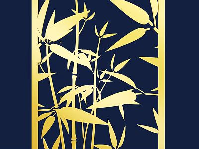 Elegant Gold Bamboo Leaf Wall Decor With Dark Blue Background And Frame 3d model