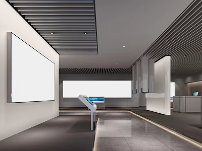 Modern Exhibition Hall Space With Large Screens Display Stand White Walls And Dark Flooring 3d model