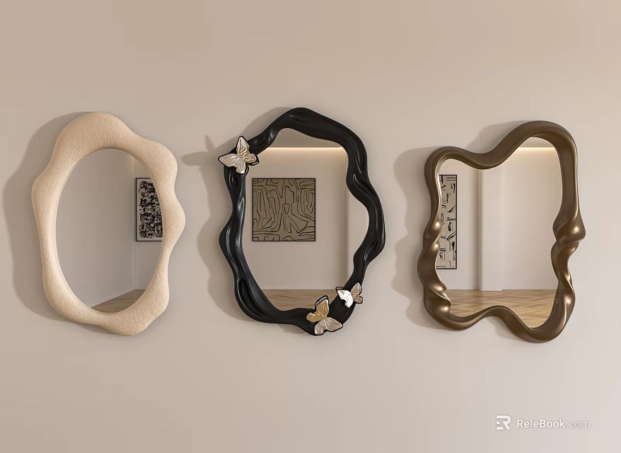 Three Artistic Mirrors With Unique Frame Designs Hanging On Beige Wall 3d model 
