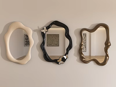 Three Artistic Mirrors With Unique Frame Designs Hanging On Beige Wall 3d model