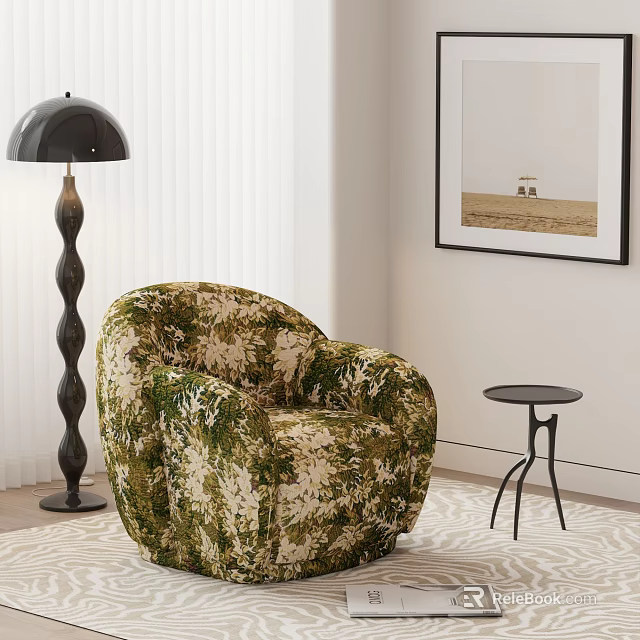 Green Beige Floral Pattern Velvet Accent Chair With Black Floor Lamp And Side Table 3d model 