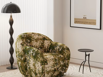 Green Beige Floral Pattern Velvet Accent Chair With Black Floor Lamp And Side Table 3d model