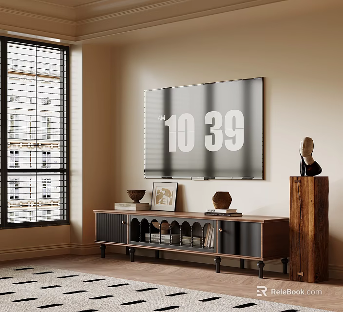 Elegant Wooden TV Stand With Storage Shelves And Decorative Items Under Flat Screen TV 3d model 