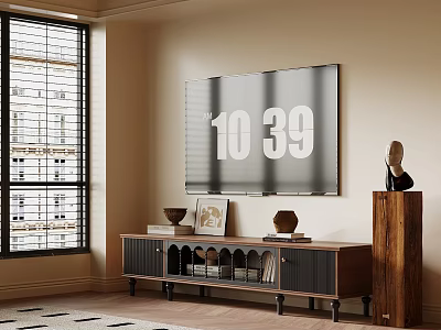 Elegant Wooden TV Stand With Storage Shelves And Decorative Items Under Flat Screen TV 3d model