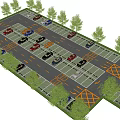 Eco Friendly Parking Lot With Landscaped Trees Parked Vehicles And Marked Spaces