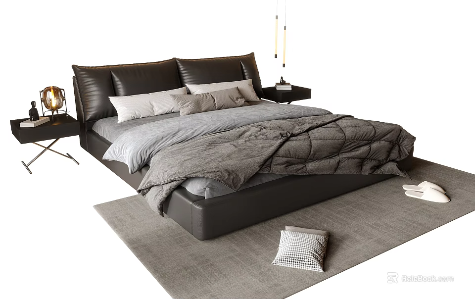 Double Bed with Black Leather Headboard Gray Bedding Nightstands and Lamps on Rug with Cushion 3d model 