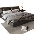 Double Bed with Black Leather Headboard Gray Bedding Nightstands and Lamps on Rug with Cushion