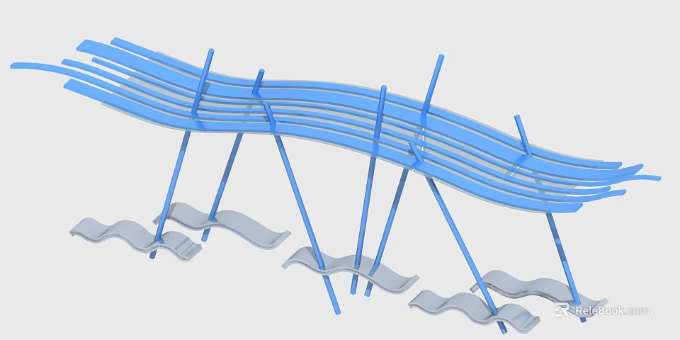 Blue Wavy Pergola Structure With Curved Seating And Support Columns 3d model