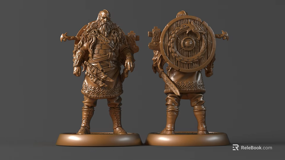 Detailed Viking Warrior Sculpture Carving With Shield Weapon And Front Back Views 3d model 