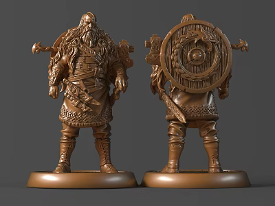 Detailed Viking Warrior Sculpture Carving With Shield Weapon And Front Back Views 3d model