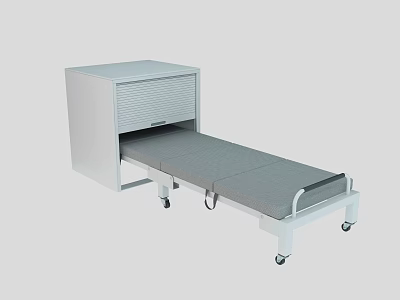 Multifunctional White Storage Cabinet With Pull Out Gray Mattress Bed And Wheels 3d model