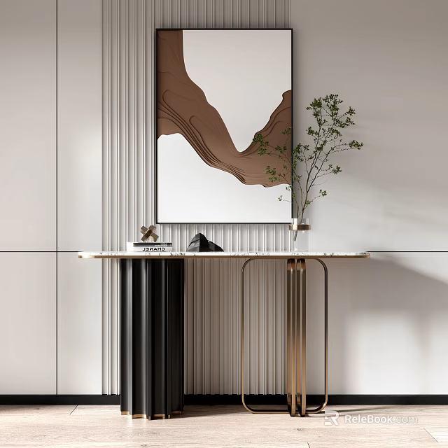 Modern Console Table With Marble Top Brown White Abstract Art And Green Plant 3d model 