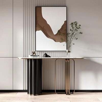 Modern Console Table With Marble Top Brown White Abstract Art And Green Plant 3d model