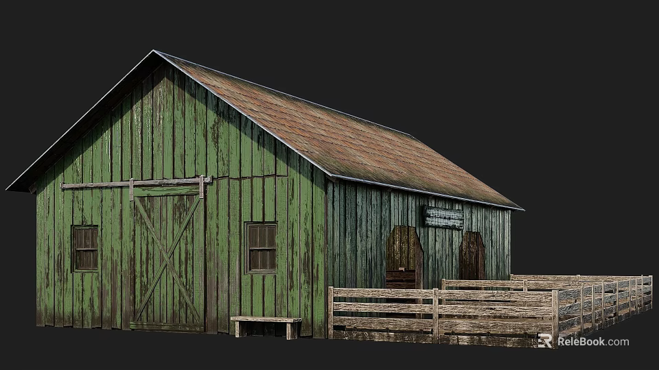 Green Wooden Barn With Brown Roof Wooden Fence And Bench 3d model 