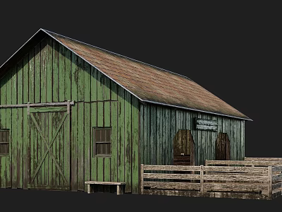 Green Wooden Barn With Brown Roof Wooden Fence And Bench 3d model