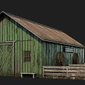 Green Wooden Barn With Brown Roof Wooden Fence And Bench