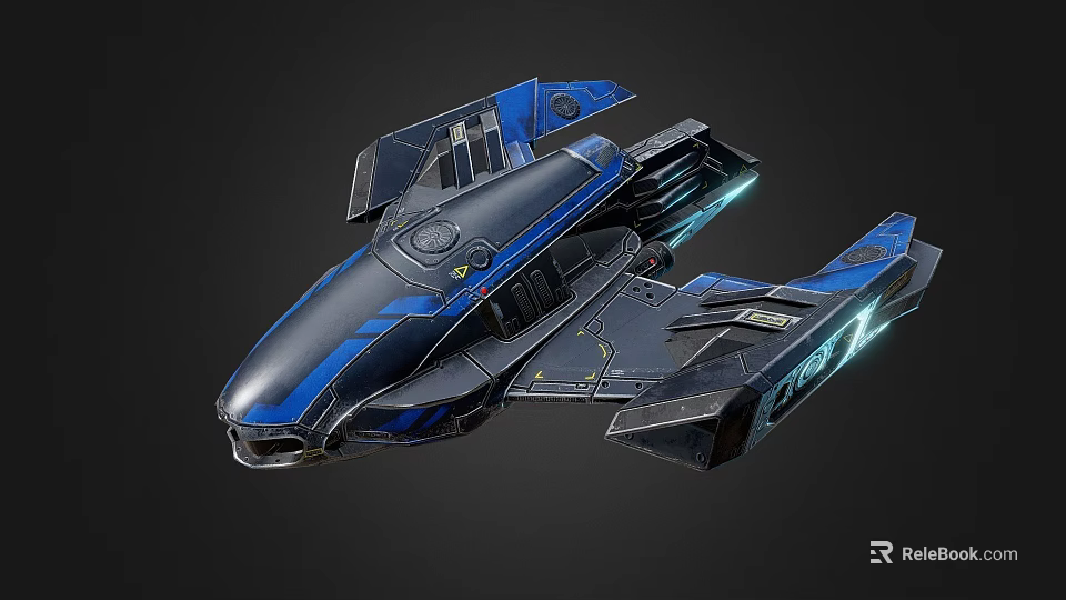 Sleek Blue Black Futuristic Fighter Jet With Aerodynamic Wings And Glowing Engine Lights 3d model 