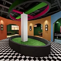 Tea House Interior With Green Walls Wooden Floors Long Table Black Ceiling And Decorative Clock