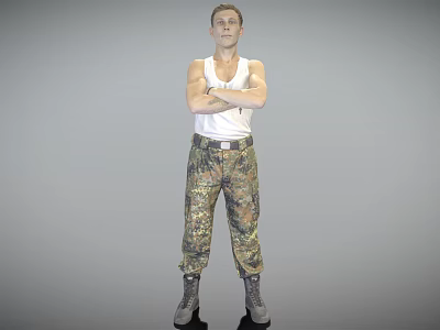 Man In White Tank Top And Camouflage Pants Standing With Arms Crossed Against Gray Background 3d model