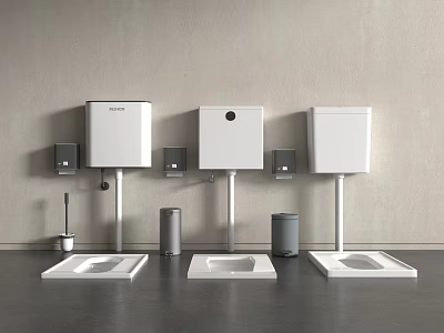 Modern Wall Mounted White Toilets with Trash Cans and Brushes on Gray Wall 3d model