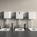Modern Wall Mounted White Toilets with Trash Cans and Brushes on Gray Wall