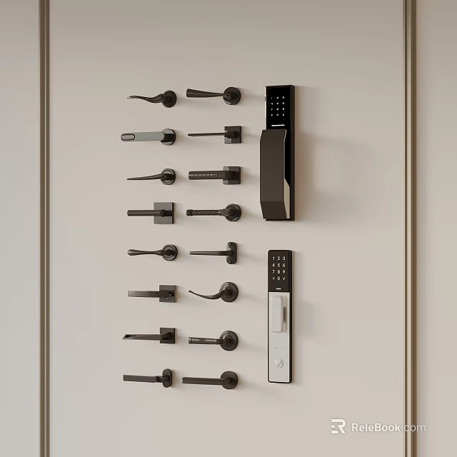 Different Types of Door Handles and Electronic Lock Systems on 3d model 