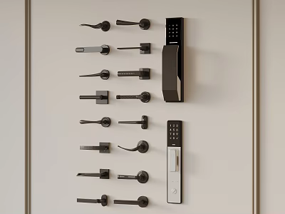 Different Types of Door Handles and Electronic Lock Systems on 3d model