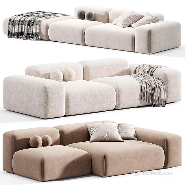 Neutral Toned Modular Sectional Sofa With Soft Pillows And Knit Throw Blanket 3d model 