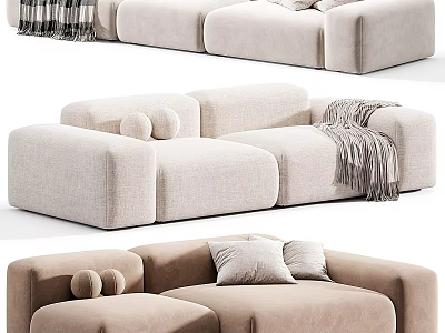 Neutral Toned Modular Sectional Sofa With Soft Pillows And Knit Throw Blanket 3d model