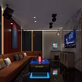 Modern KTV Interior With Orange Sofa Large Screen TV Blue Neon Lights And Black Speakers