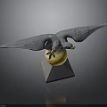Eagle Sculpture With Spread Wings Clutching Yellow Sphere On Black Pyramid Base