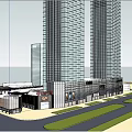 Modern Commercial Complex With Red And White Checkered Facade Display Windows And Tall Buildings