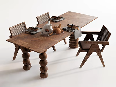 Rustic Wooden Dining Table Set With Spiral Legs And Woven Back Chairs 3d model