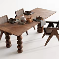 Rustic Wooden Dining Table Set With Spiral Legs And Woven Back Chairs