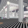 Modern Shopping Mall Lobby With Black White Striped Flooring Decorative Columns And Pendant Lights