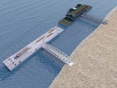 Floating Structure With Bridge Connecting Water To Sandy Beach Shore Area 3d model