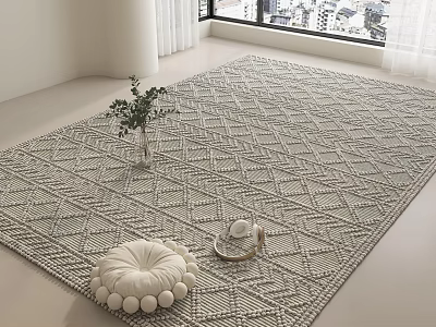 Square Gray Diamond Pattern Rug In Modern Bright Room With White Cushion Teacup Green Plant 3d model