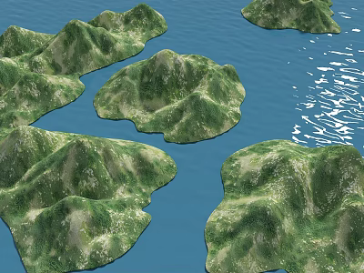 Multiple Green Vegetated Micro Terrain With Irregular Shapes Surrounded By Blue Water 3d model
