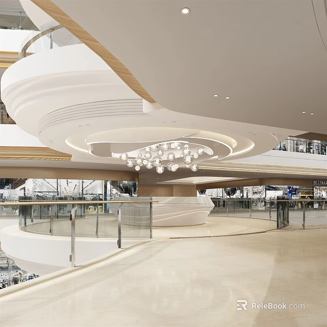 Spacious Modern Shopping Mall Lobby With Curved Ceiling Spherical Chandelier Glass Railings And Marble Floor 3d model 